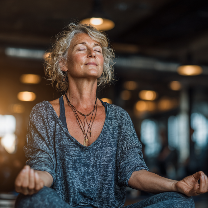 Літня жінка займається йогою на природі